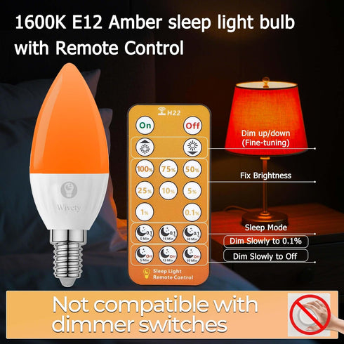 E12 Bulbs 1600K Bulbs, 5W (4 Packs) Amber Sleep Light with Remote Control, Candelabra Blue Light Blocking Light