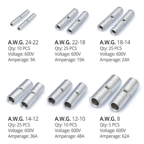 Wirefy 100 PCS Non Insulated Butt Connectors Kit, Uninsulated Crimp Wire Connectors for 24-8 AWG