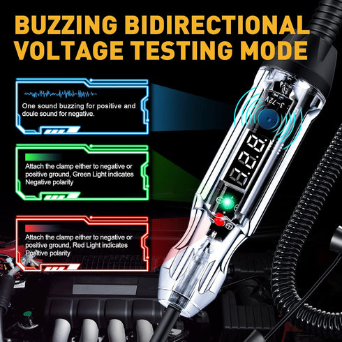 Upgraded Buzzer Automotive Test Light, DC 3-72V Heavy Duty Digital LED Circuit Tester with Voltmeter & Polarity