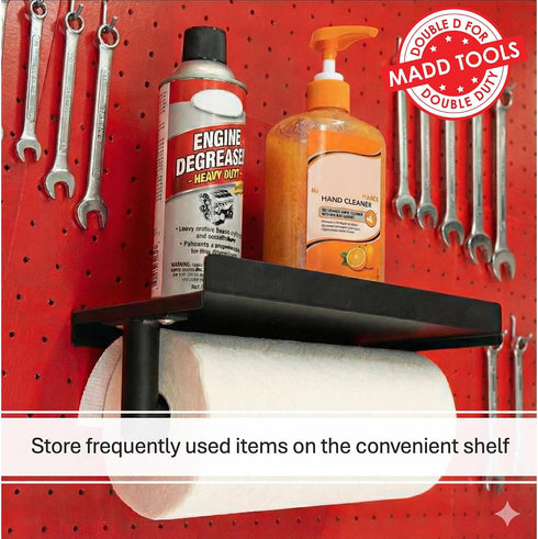 Pegboard Paper Towel Holder and Shelf, Peg Board Accessory Kit with Heavy Duty Pegboard Hooks for Garage Workshop Craft