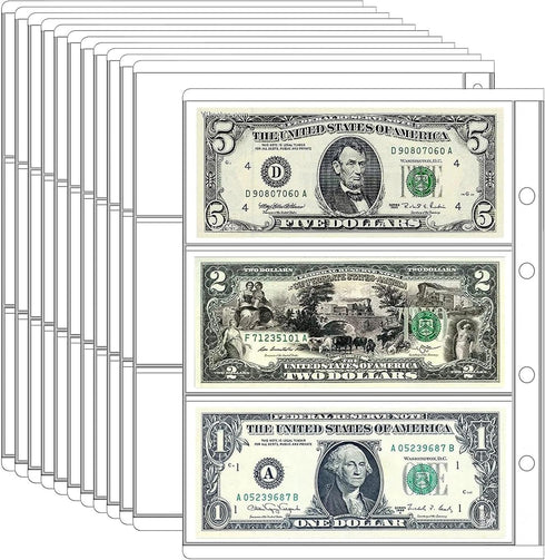 Ettonsun 10 Sheets 30 Pockets Paper Money Collection Pages, Currency Sleeves for Travel Bill Banknote Stamp Storage