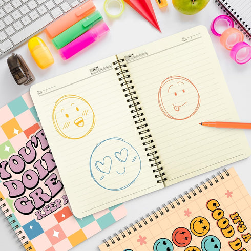 L1rabe Inspirational Spiral Notebooks, Back to School, 4 A5 Happy Face Motivational Notebooks, College Ruled Journal