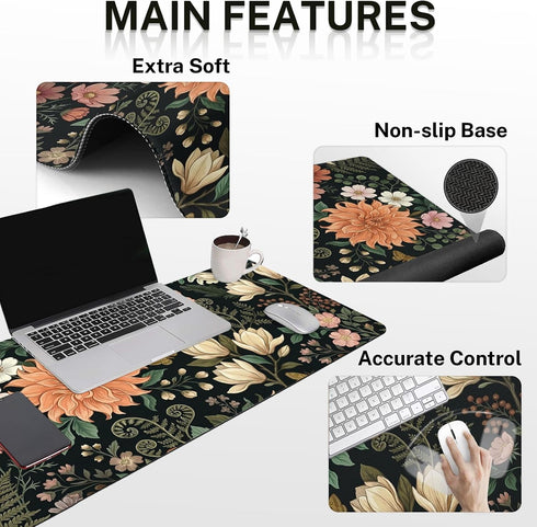 Arttown Set 4 1 Spring Flower Desk Mat Leaves Floral Colorful Mouse Pad in Ergonomic Design Large Mousepad + Keyboard