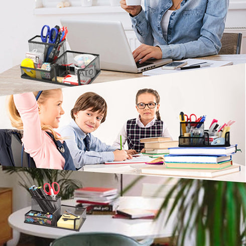 Mesh Pencil Holder Desk Organizers, 3 Compartments Black Pen Holder Storage for Office Accessories