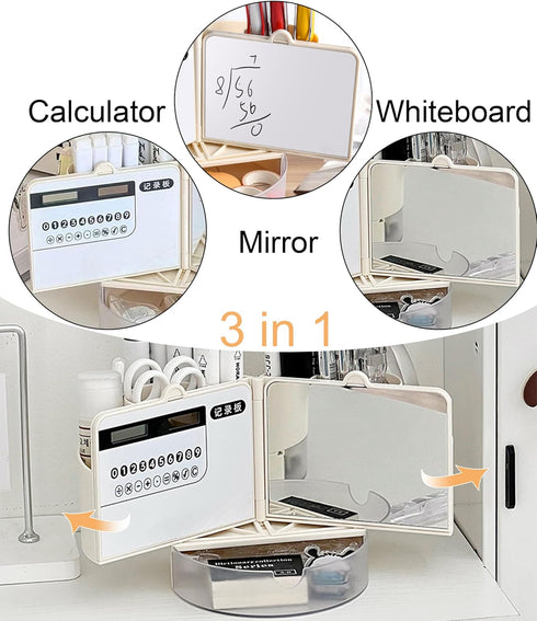 Desk Pencil Pen Holder with Calculator & Mirror, 7 Slots, 180° Opening, Desktop Storage for Office, School, Home, Art