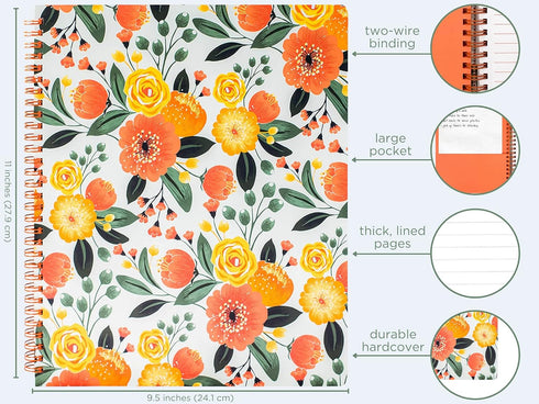 Steel Mill & Co Large Spiral Notebook, College Ruled, 11" x 9.5", Durable Hardcover, 160 Lined Pages, Orange Floral