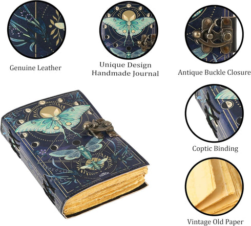 TUZECH Book of Spells Leather Bound Journal, Luna Moths, Deckle Edge Paper, Antique Vintage Notebook