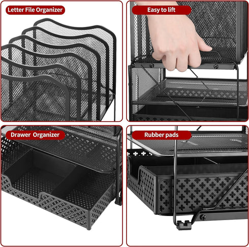 Simple Trending Black Desk File Organizer with Sliding Drawer, Metal Mesh Double Tray & 5 Upright Section Sorter