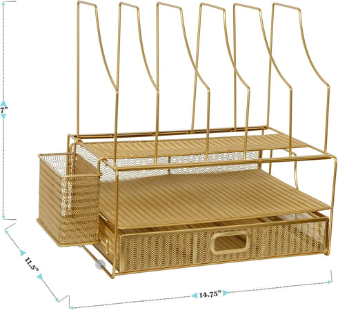Martha Stewart Ryder Gold Mesh Metal Large Desktop Organizer - Paper File Letter Holder with Drawer
