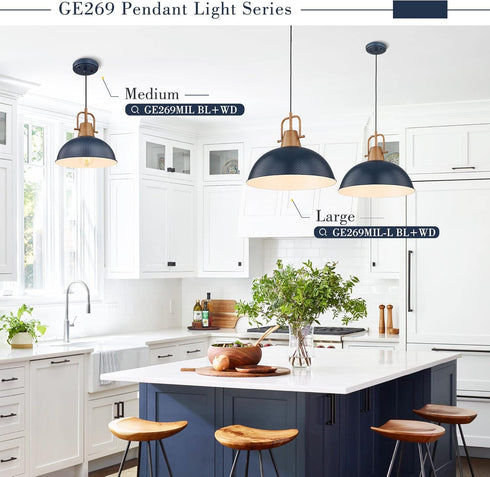 Emliviar Hammered GE269MIL Dome Pendant Light, Wood Adjustable Hanging Lamp with Metal Shade, Blue Finish, BL+WD