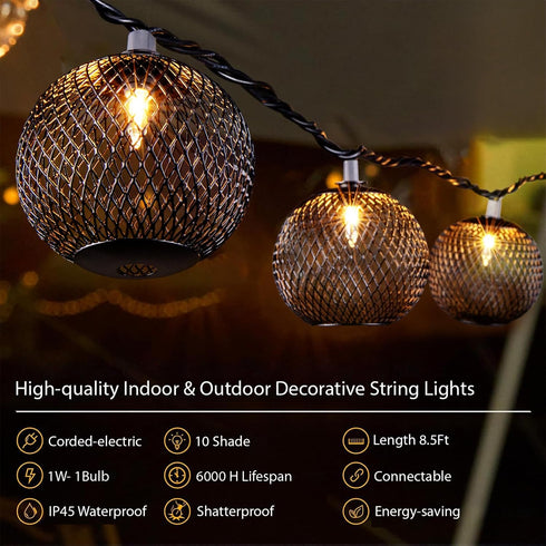 10 Decorative Lantern String Lights Plug in with Black Metal Ball, Connectable Waterproof Outdoor Decorative String
