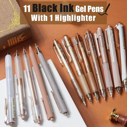 Four Candies 12Pack Pastel Gel Ink Pen Set, 11 Pack Black Ink Pens with 1Pack Highlighter for Writing, Retractable 0.5mm Fine Point Note Taking Pens for School Office (Brown)