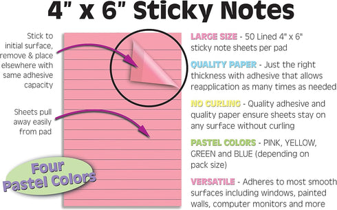 Better Office Products Lined Sticky Notes, 4 x 6, 6 Pack, 300 Sheets (50/Pad), Self Stick Notes with Lines, 4 Assorted Pastel Colors, Post Memos, Strong Adhesive, 6 Pads by Better Office Products