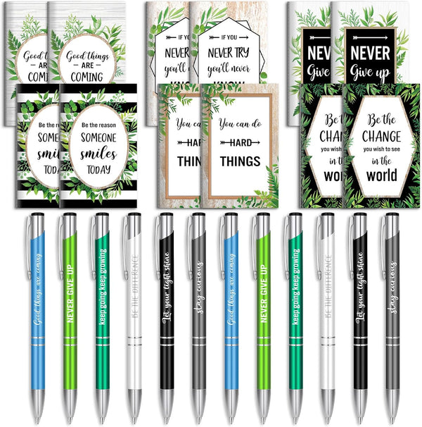 Geyee 24 Pcs Mini Motivational Pens, Inspirational Notepads, Bulk Appreciation Gifts, Funny Ballpoint Pen Set for