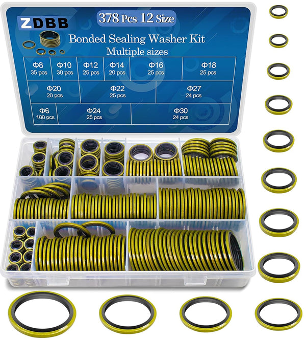 12 Sizes 378 Pcs Bonded Sealing Washer Kit, Automotive Self-Centered AC Seal Metal Rubber Gasket Assortment