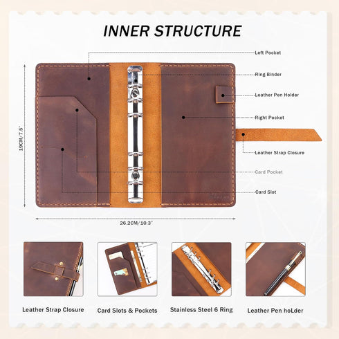 Leather Binder Budget with Cash Envelopes, Handmade A6 Money Saving Planner, Brown