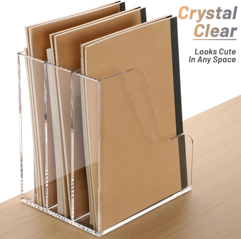 SANRUI Desk Organizer, Acrylic Magazine File Holder with 3 Vertical Compartments, Clear File Sorter for Office Home