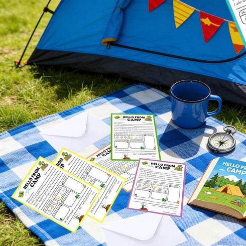 wootile 18 Sets Summer Camp Greeting Cards for Campers How's Camp Notes Adventure Flat Cards for Travel Fill in The