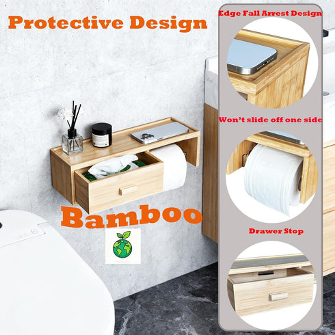 TEGUEPS Bamboo Toilet Paper Holder with Shelf,Wall Mount Bathroom Holder with Wet Wipes Storage Drawer(Natural)