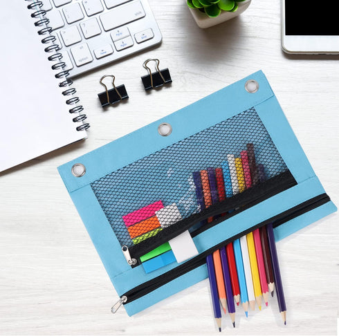 Pencil Pouches, Zipper Binder Pencil Pouch with 3 Holes, 3 Ring Zippered Pocket for School Office