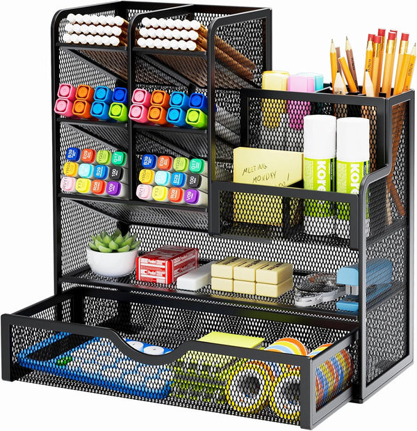 Marbrasse Mesh Pen Holder for Desk, Multi-Functional Organizer with Drawer for Office Art Supplies