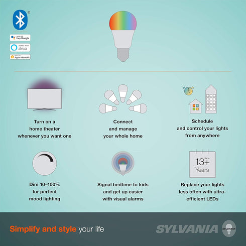 A19 Bulb, Dimmable, 1 pack SYLVANIA SMART+ Bluetooth Full Color and Tunable White LED Fully Compatible with Alexa