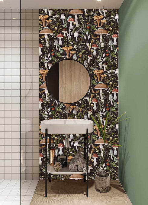 HAOKHOME 93279 Peel and Stick Boho Mushroom Wallpaper for Bathroom, Black/Brown/Green 17.7in x 9.8ft