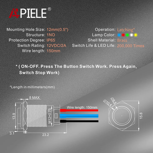 APIELE 12mm Latching Push Button Switch (Pcs of 2) - High Round Head Stainless Steel with Ring LED (Blue)