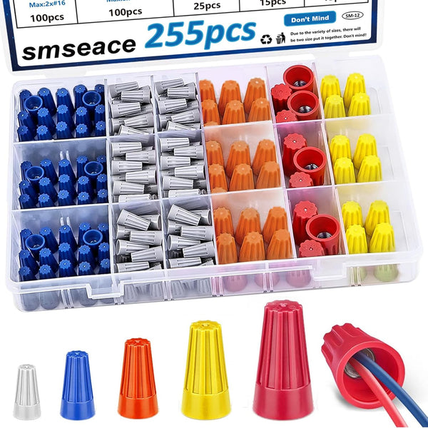 smseace 255Pcs Wire Nuts Assortment Kit 22-10AWG Twisting Cable Cap Connector Colorful Wire Caps