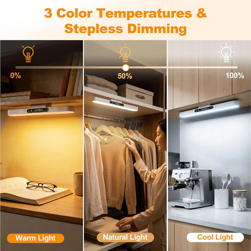 4000mAh 6W 3-Color Dimmable Closet Rechargeable Under Cabinet Lighting with Remote, Wireless Magnetic Light Bar
