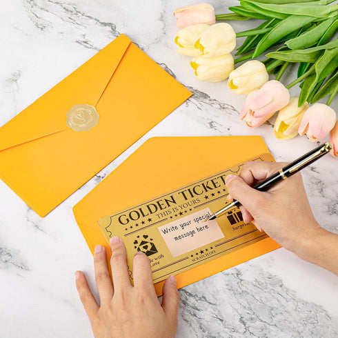VELATYVIO 12 Sets Golden Ticket Custom Scratch off Cards with Envelope and Stickers Surprise Gift Certificates