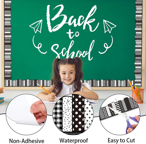 65.6 FYSUIMU Ft Back to School Bulletin Board Border Black White Book Bookshelf Die Cut Border Trim Roll for First Day