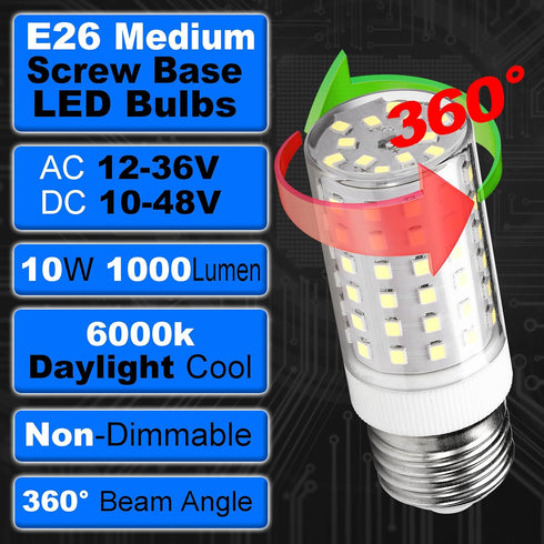 12 Volt 24V Low Voltage E26 Medium Screw Base LED Bulbs 6000K Daylight White, 10W Equivalent, 3 Pack