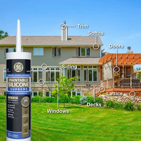 GE Supreme Paintable Silicone Caulk, 100% Waterproof Sealant, 9.5 fl oz, White