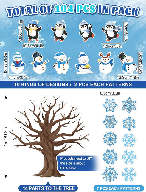 Whaline 104Pcs Winter Tree Bulletin Board Decoration, Snowflake Tree Snowman Penguin Cutouts for Holiday Party School