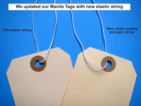 Tags with Elastic String Attached - #5 Manila Paper Label Tags, 4 3/4" x 2 3/8", Box of 200 with Elastic Loop