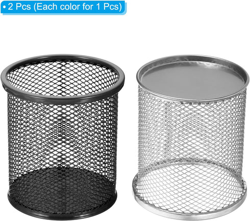 PATIKIL 2 Pack Mesh Pen Holder, Round Pencil Basket Cup Organizer for Desk Accessories, Silver Black Makeup Brush Holder