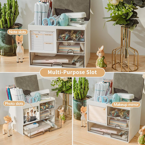 Desk Organizer with 3 Drawers, Multi-Functional Pencil Pen Holder, 5 Compartments, White Desktop Organizer