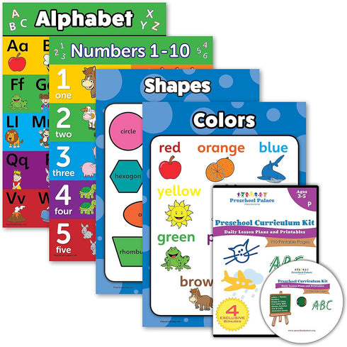 Palace Learning 5 Pack - Preschool Curriculum Kit on CD & ABC Alphabet + Numbers 1-10 + Shapes + Colors Poster Set