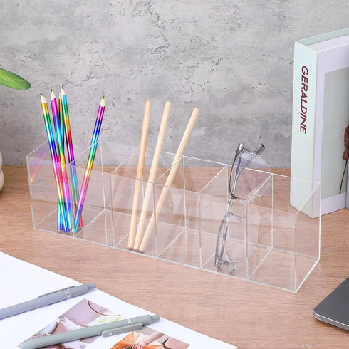 Xaajooio 2 6 Pcs Acrylic Makeup Brush Holder and Pencil Organizer, Compartments Clear Pen Holder for Desk, Office