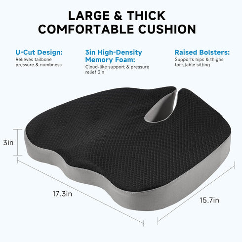 Seat Cushion for Office Chair, Ergonomic Memory Foam Office Chair Cushion with U-Shaped Coccyx Support, Non-Slip Base