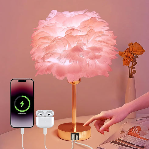 Smart Touch Control Bedside Table Feather Lamp Night Light with USB Charging