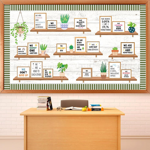 Motivational Bookshelf Bulletin Board Set Greenery Back to School Classroom Decoration Potted