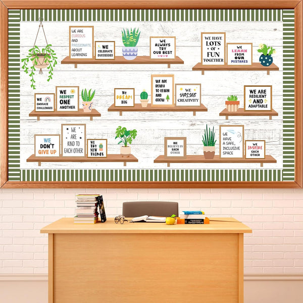 Motivational Bookshelf Bulletin Board Set Greenery Back to School Classroom Decoration Potted