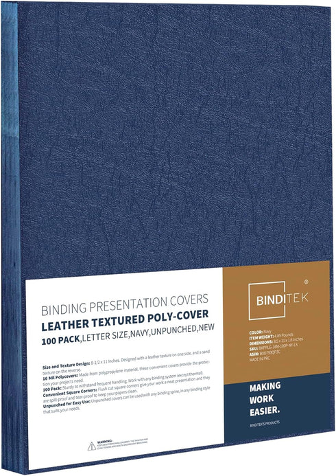 Binditek 100 Pack 16 Mil Leather-Textured Heavyduty Polycovers, Letter Size, Plastic Binding Presentation Covers, 8-1/2