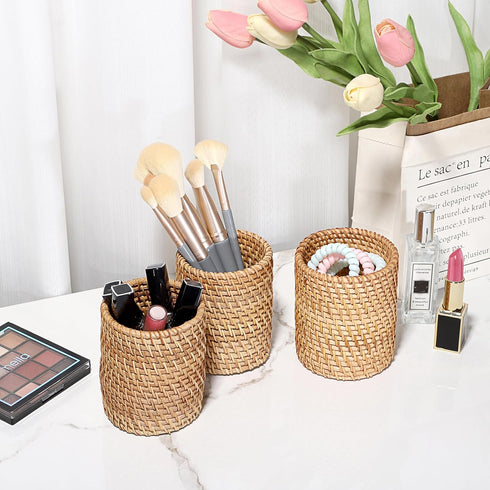BTSKY 3 Pack Rattan Pen Cup, Handmade Desk Pencil Holders, Multi-Functional Woven Basket Organizer