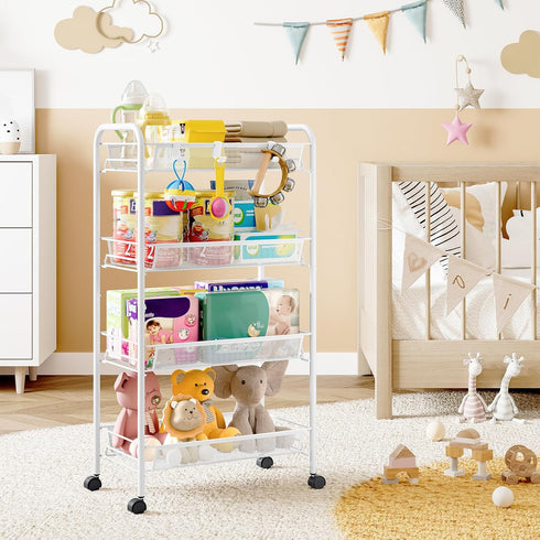 4-Tier 3 SYKIARIOL Metal Utility Cart, Mesh Wire Rolling Cart on Wheel, Storage Trolley with Easy Assembly, Organizer