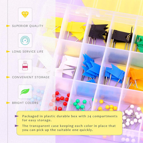Swpeet 305Pcs Assortment Kit of Colorful Push Pins Tacks, 1/8 inch Ball Round Head and 7/10 inch Map Flag Tacks