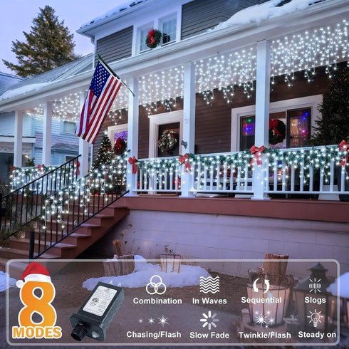 400 33ft 8 75 KNONEW Christmas Lights Outdoor Decorations LED Modes Curtain Fairy String Light with Drops, Clear Wire