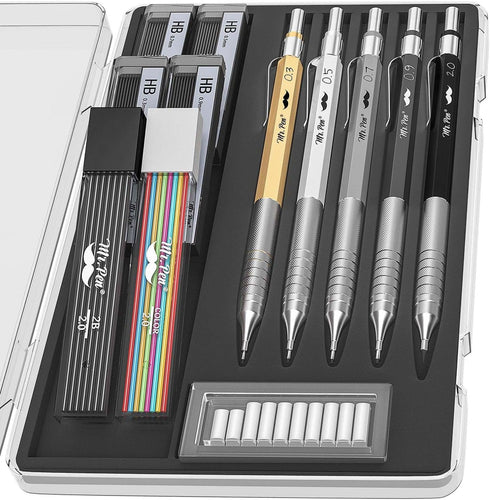 Mr. Pen Metal Mechanical Pencil Set with Leads and Eraser Refills, 5 Sizes - 0.3, 0.5, 0.7, 0.9, 2 Millimeters for